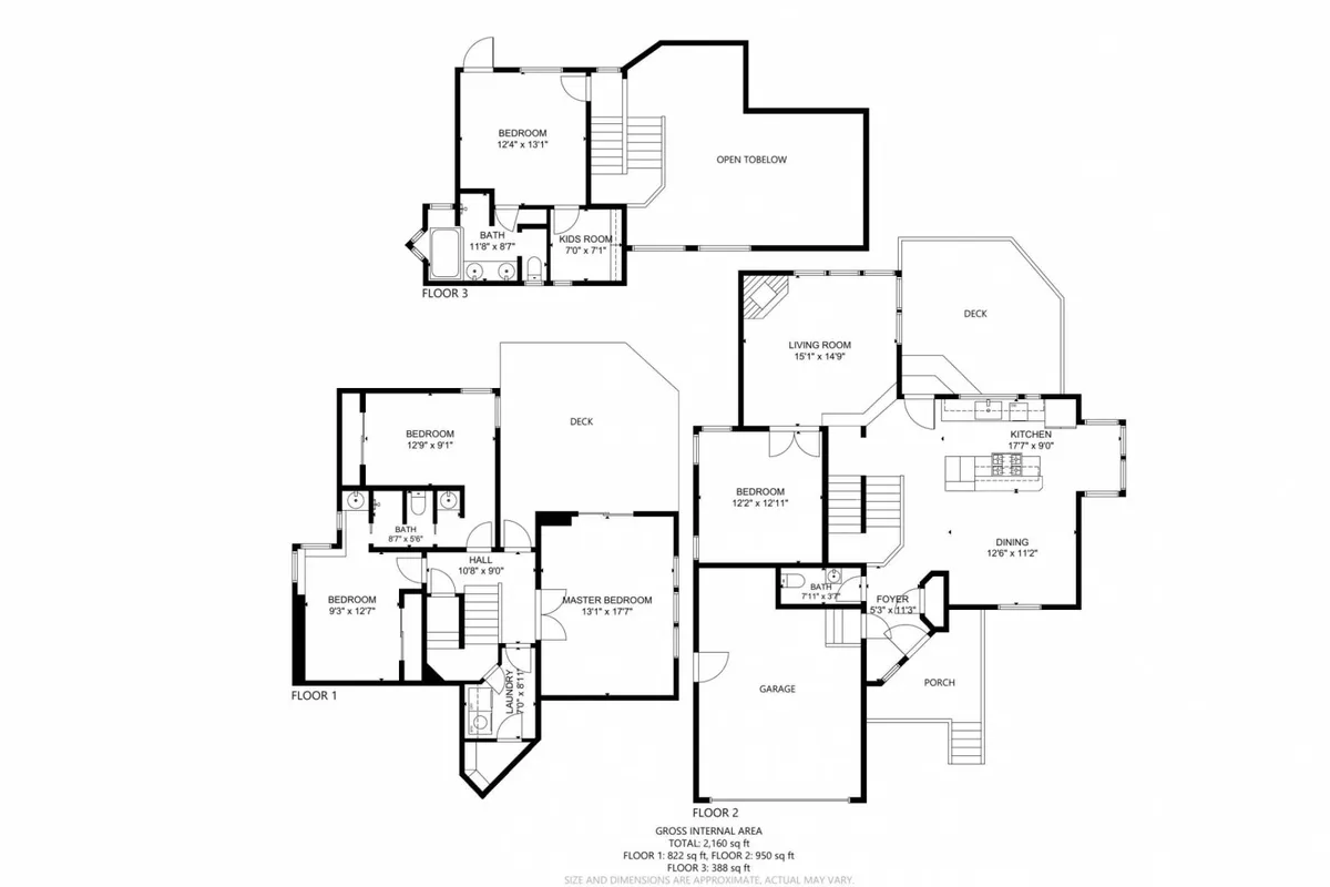 An inviting and spacious open-concept living area that flows into the kitchen, master bedroom, and out onto a deck. The scene highlights comfortable seating for gatherings, a modern kitchen for group meals, and access to outdoor spaces, conveying versatility for both productivity and relaxation.