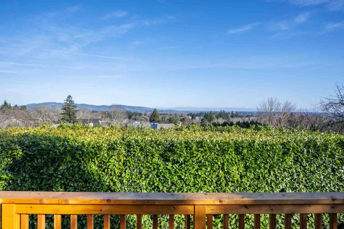 A serene view of lush green hedges with distant mountains under a clear blue sky. The outdoor space evokes the tranquility and natural beauty that surround the property, perfect for relaxing after a walk or spending quality time with pets in nature.